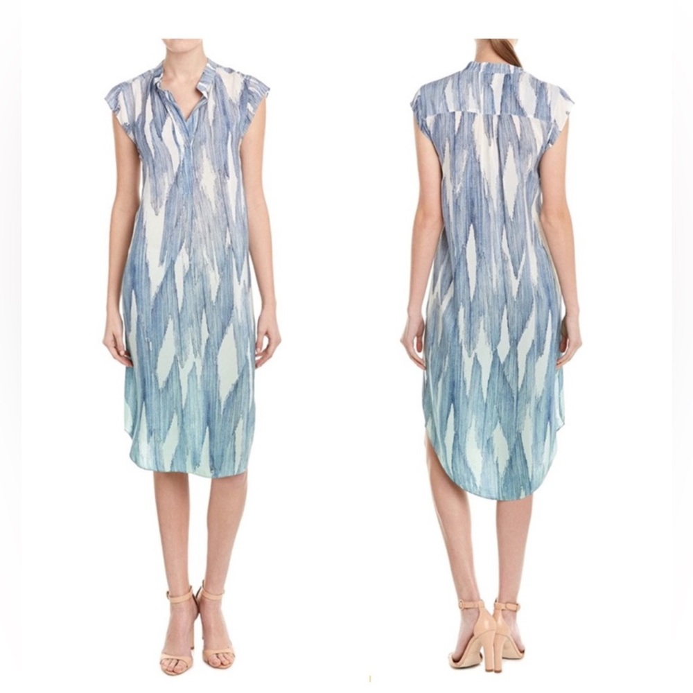 REBECCA TAYLOR Blue Silk Sheer Ombre Shift Midi Dress Contemporary Button size 4